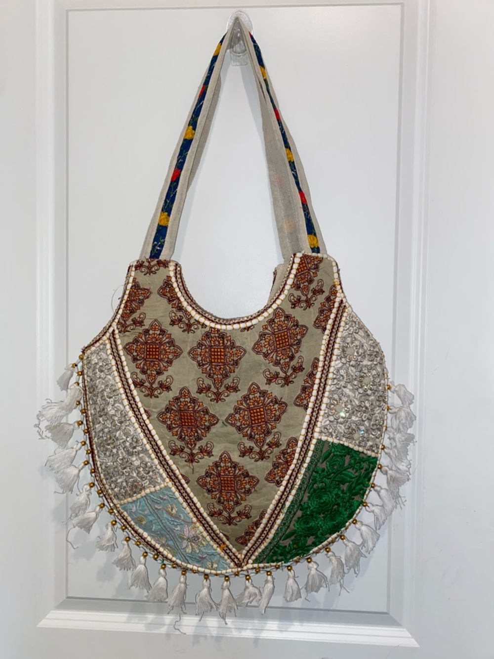 Embroidered Boho Tassel Tote Bag in Cream, Green, and Blue